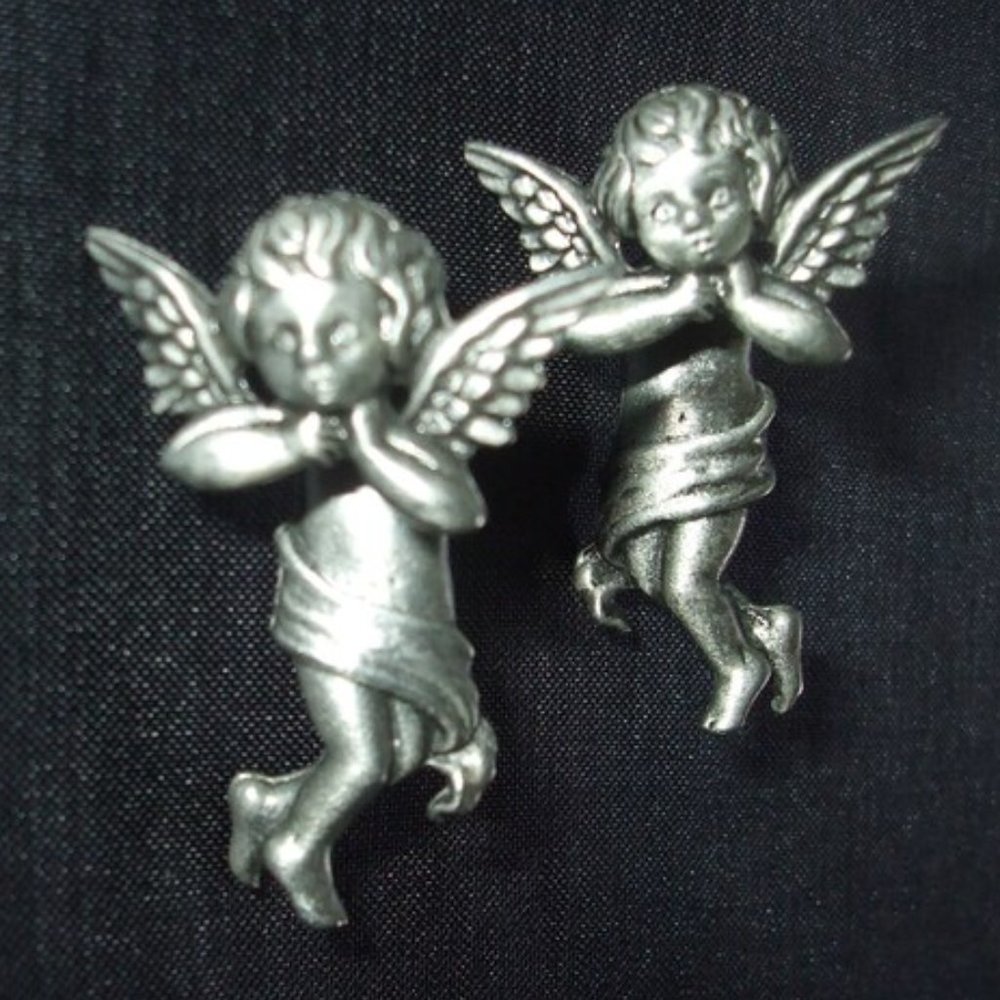 Vintage JJ Pewter Colored Angel Pierced Earrings, Jonette Unusual Cherub Earring